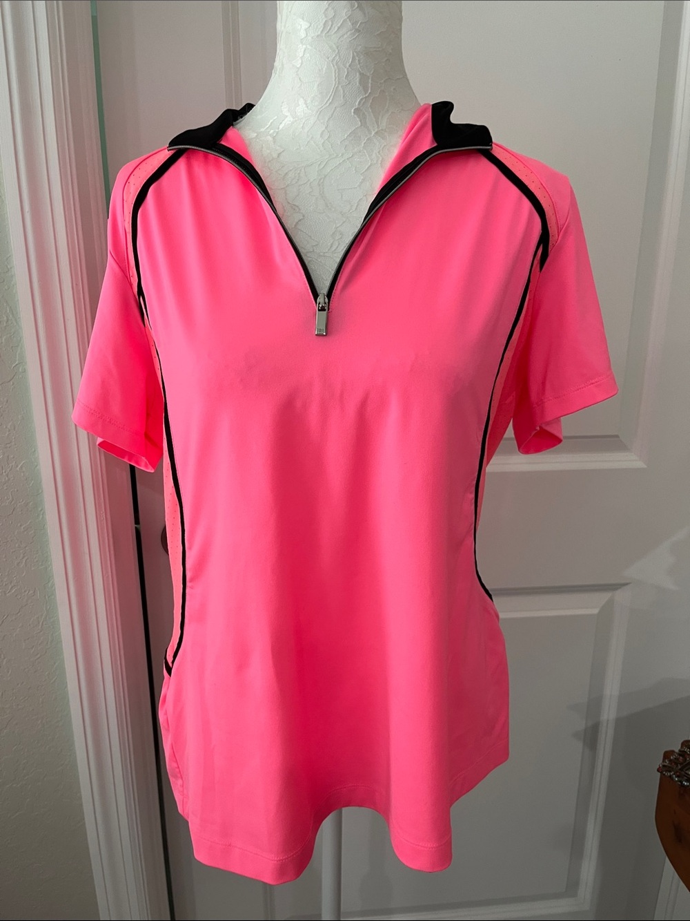 Tail Neon Pink Short-Sleeve Zip Polo with Black Trim